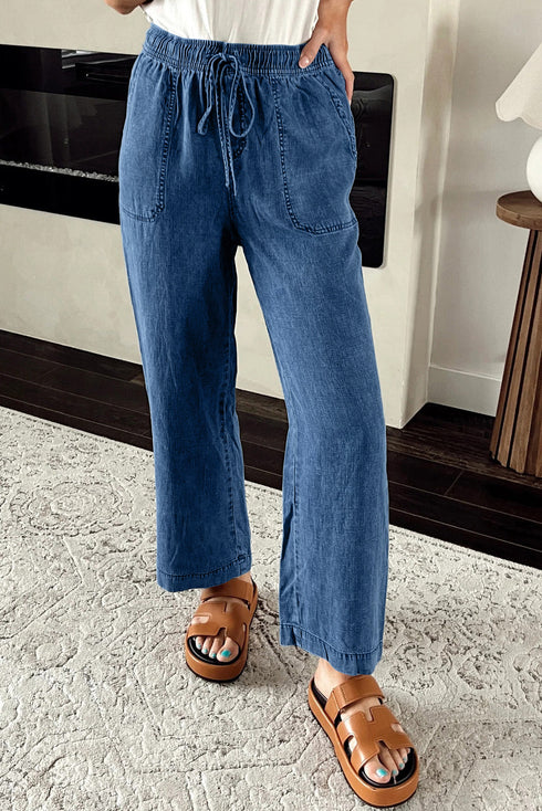 Mineral Wash Drawstring Waist Loose Straight Denim Pants